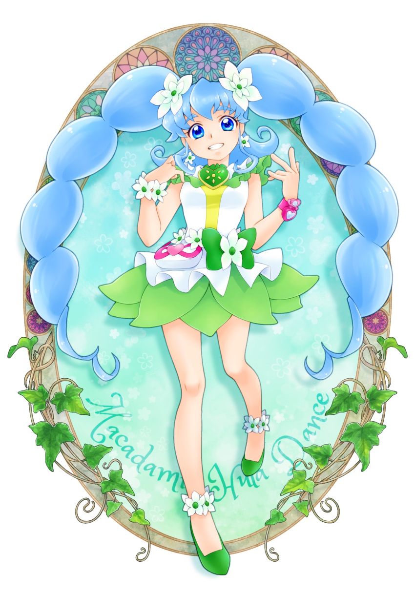 1girl aizen_(syoshiyuki) bare_legs blue_eyes blue_hair cure_princess earrings flower flower_earrings full_body green_footwear green_skirt grin hair_flower hair_ornament happinesscharge_precure! highres jewelry long_hair looking_at_viewer macadamia_hula_dance magical_girl precure shirayuki_hime shoes sidelocks skirt smile solo twintails wrist_cuffs