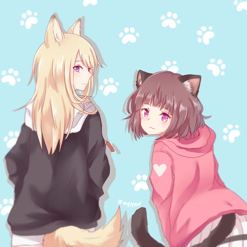 2girls :3 animal_ears artist_name blonde_hair blue_background blue_eyes brown_hair cat_ears cat_tail dog_ears dog_tail from_behind highres hood hood_down hoodie jacket kmnz leaning_forward long_hair looking_at_viewer looking_back mc_lita mc_liz multiple_girls nyaku paw_background pleated_skirt short_hair skirt smile tail virtual_youtuber