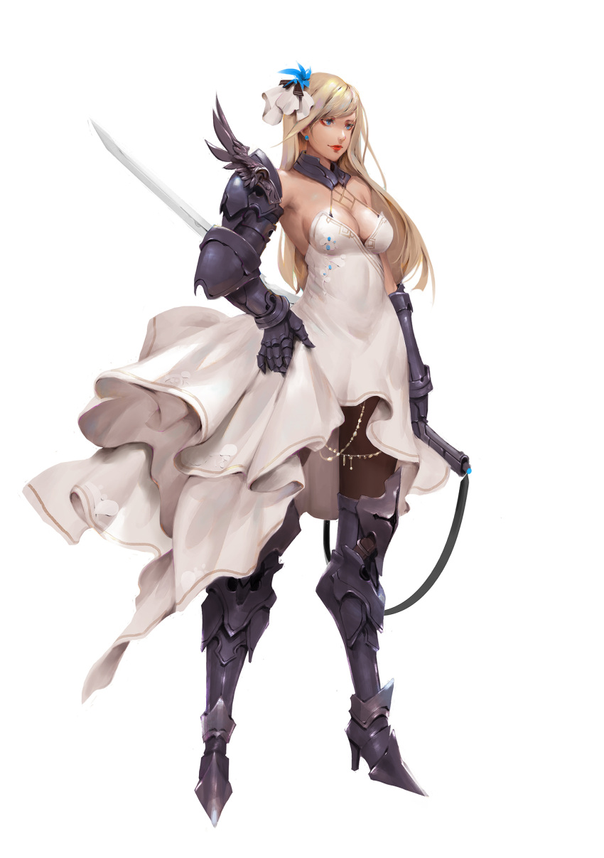 1girl armor armored_boots black_legwear blonde_hair blue_eyes boots bow breasts cleavage commentary dako6995 dress earrings english_commentary full_body gauntlets gorget greaves hair_bow high_heel_boots high_heels highres holding holding_sword holding_weapon jewelry long_hair looking_afar original pantyhose red_lips scabbard sheath sheathed skirt_hold solo standing sword weapon white_dress