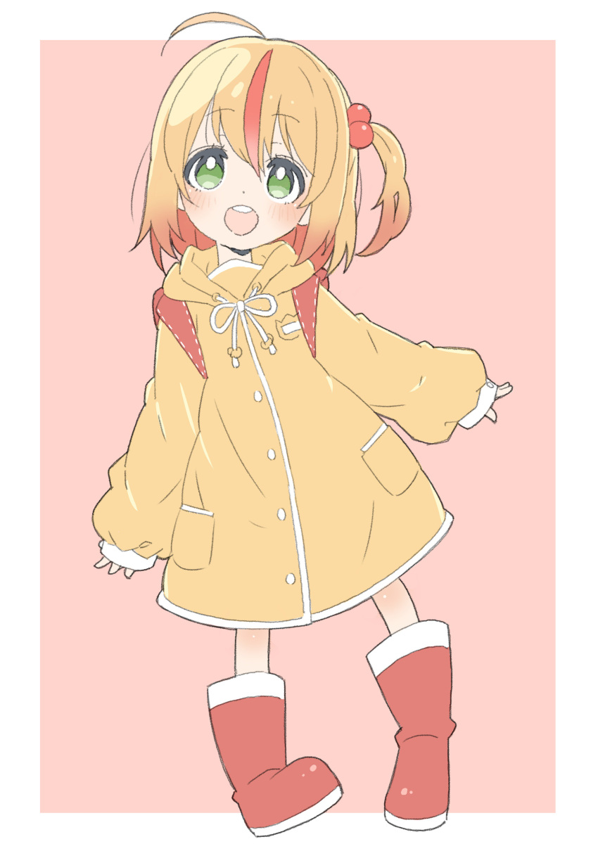 1girl absurdres bag blush boots character_request copyright_request donguri_suzume full_body green_eyes hair_ornament highres looking_at_viewer open_mouth orange_hair raincoat short_hair side_ponytail simple_background solo teeth virtual_youtuber