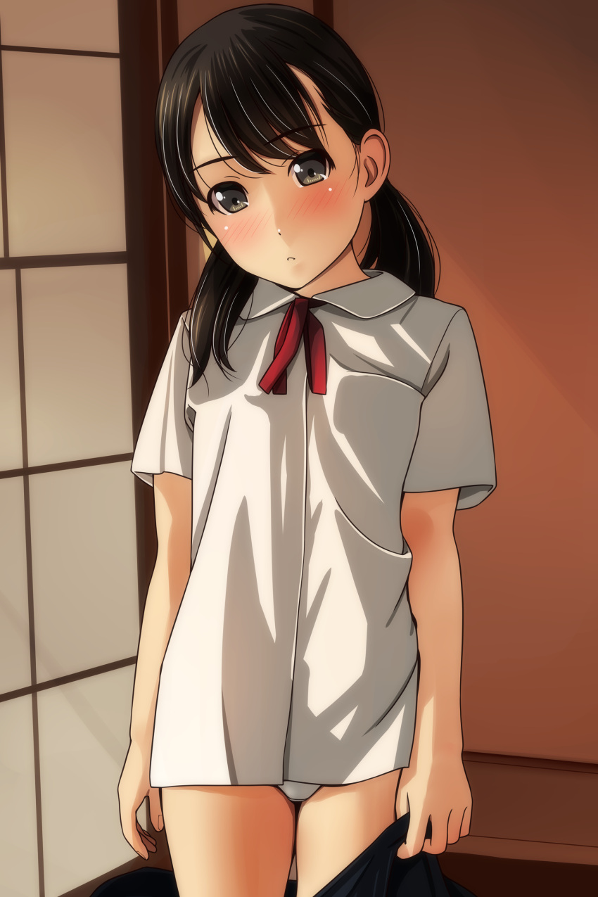 1girl absurdres arms_at_sides bangs black_skirt blush brown_eyes brown_hair collared_shirt dress_shirt eyebrows_visible_through_hair head_tilt highres long_hair looking_at_viewer low_twintails matsunaga_kouyou neck_ribbon nose_blush original panties parted_lips red_ribbon ribbon shirt short_sleeves skirt skirt_pull solo twintails underwear white_panties white_shirt