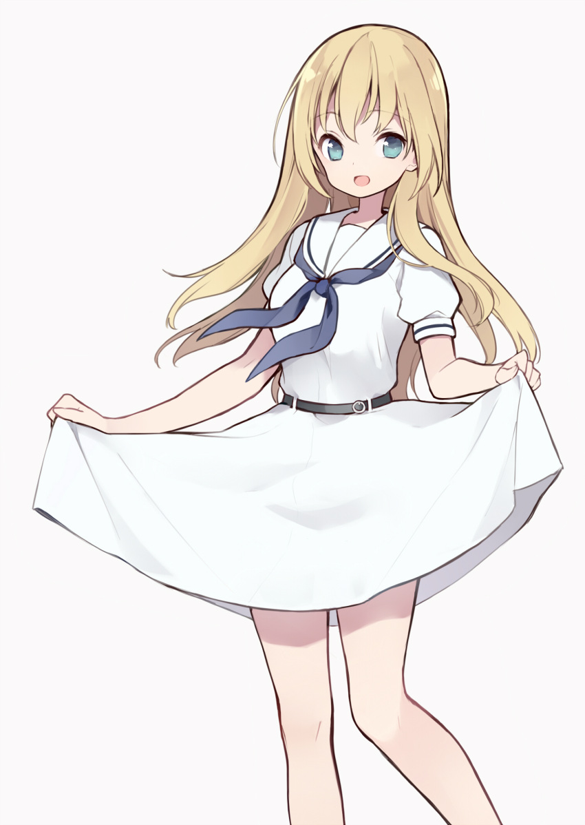 1girl :d bangs belt belt_buckle black_belt blonde_hair blue_eyes blue_neckwear buckle dress eyebrows_visible_through_hair grey_background hair_between_eyes highres itsumi_(itumiyuo) long_hair neckerchief oohoshi_awai open_mouth puffy_short_sleeves puffy_sleeves sailor_collar sailor_dress saki short_sleeves simple_background skirt_hold smile solo very_long_hair white_dress white_sailor_collar