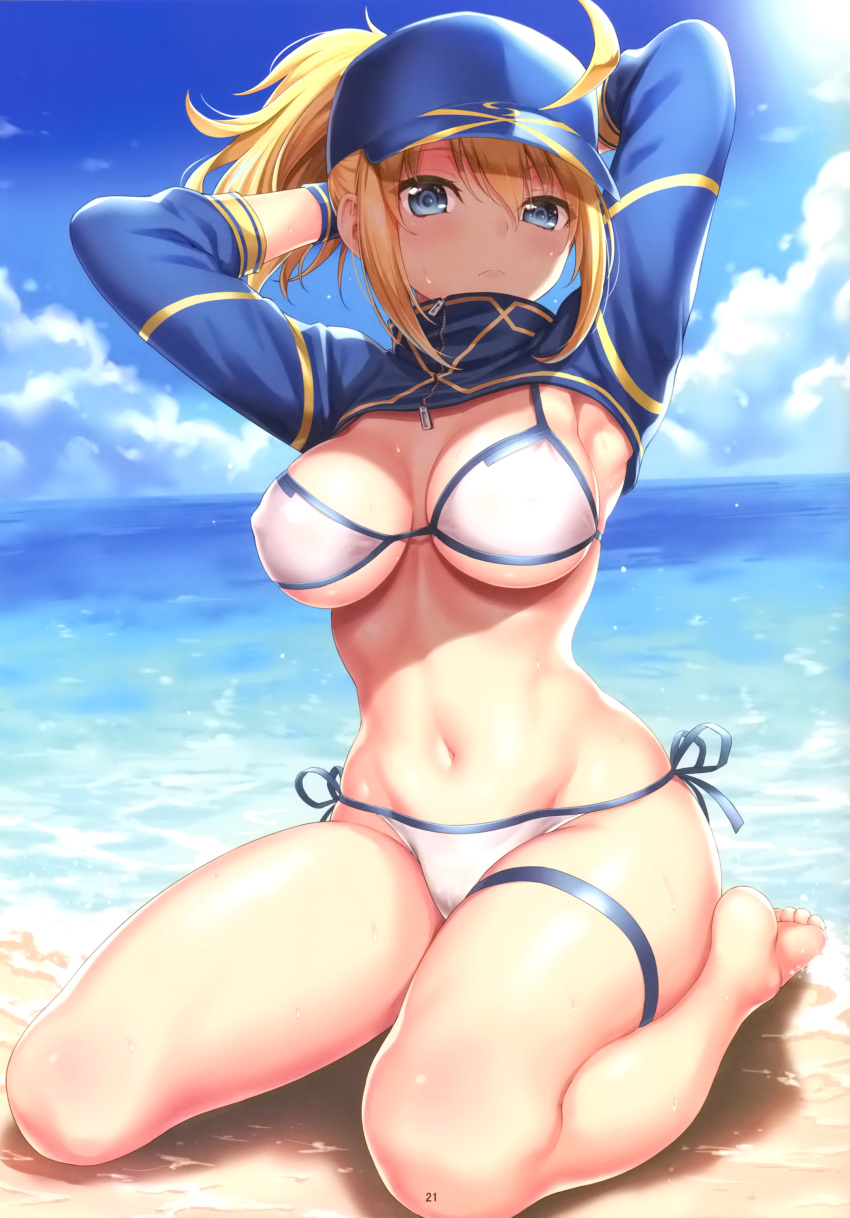 1girl absurdres ahoge armpits arms_behind_head artoria_pendragon_(all) bangs barefoot baseball_cap beach bikini blonde_hair blue_eyes blue_hat blue_sky blush breasts clouds cloudy_sky cropped_jacket day erect_nipples eyebrows_visible_through_hair fate/grand_order fate_(series) full_body groin hair_through_headwear hat highres kase_daiki long_hair looking_at_viewer medium_breasts mysterious_heroine_xx_(foreigner) navel ocean outdoors page_number ponytail sand scan shiny shiny_skin shore shrug_(clothing) side-tie_bikini sideboob sitting skindentation sky solo sunlight swimsuit thigh_strap thighs toes under_boob water white_bikini zipper_pull_tab