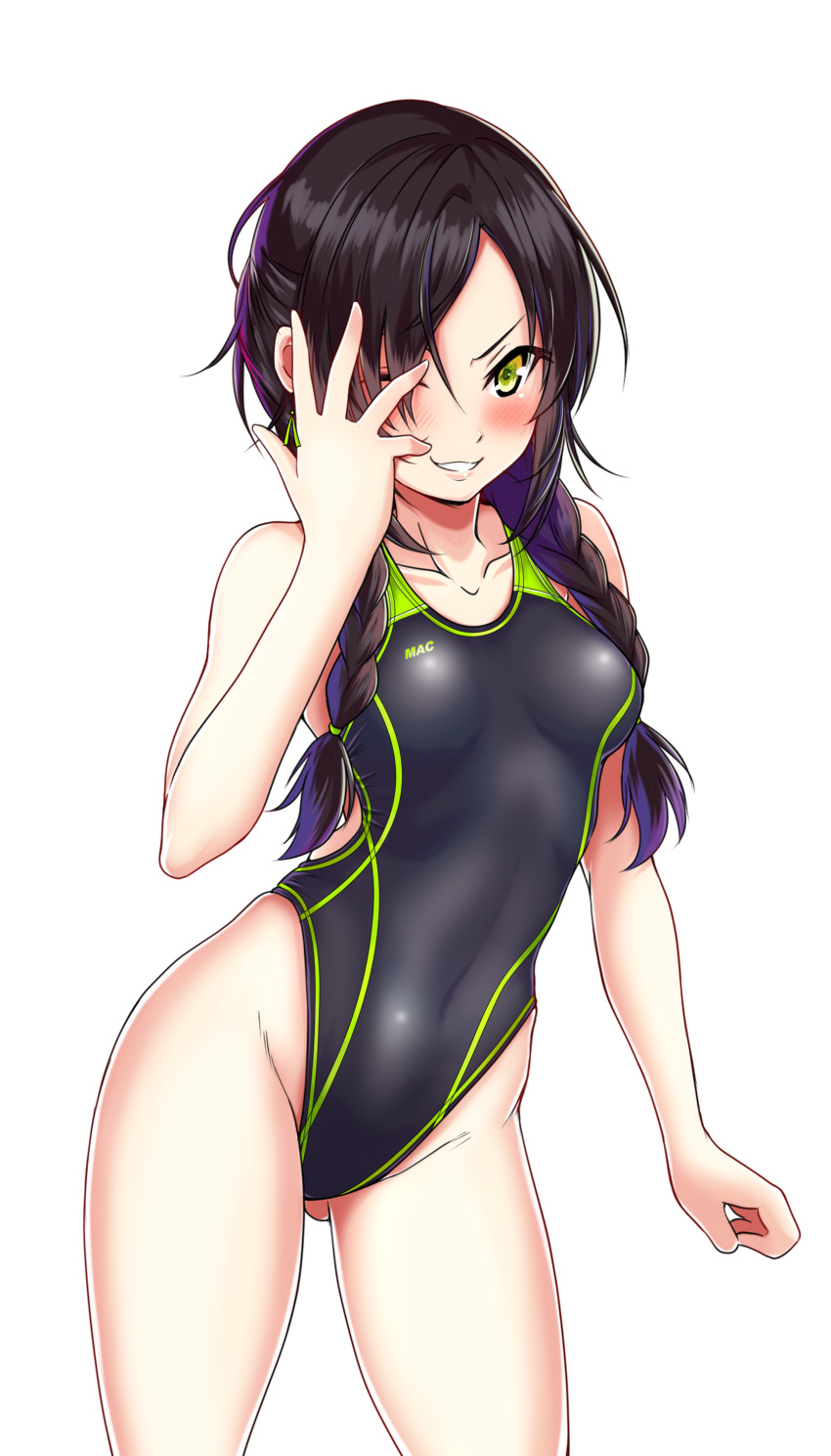 1girl absurdres aiuchi bangs black_hair black_swimsuit braid breasts collarbone commentary_request competition_swimsuit covered_navel cowboy_shot girls_frontline gluteal_fold green_eyes hand_over_eye highleg highleg_swimsuit highres long_hair looking_at_viewer low_twintails mac-10_(girls_frontline) one-piece_swimsuit parted_lips small_breasts solo standing swept_bangs swimsuit twin_braids twintails