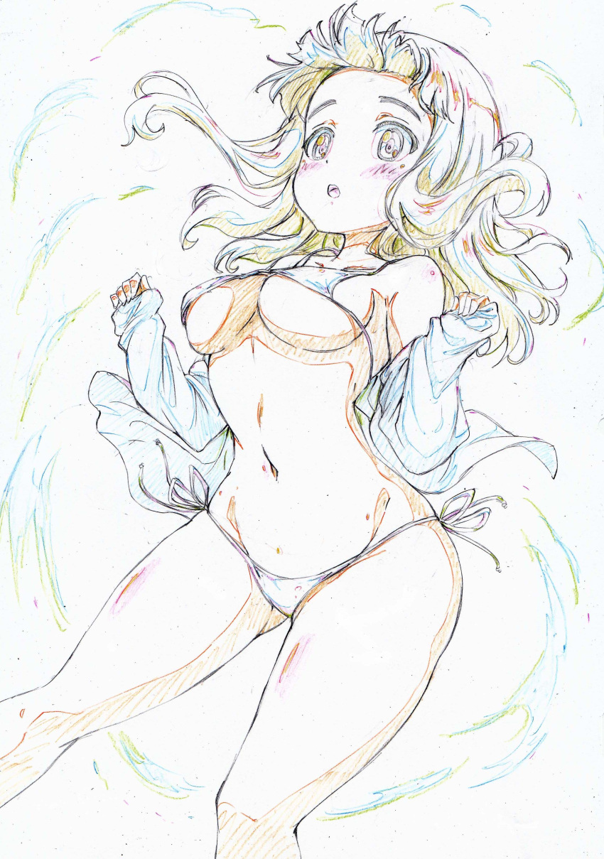 1girl absurdres bangs bikini blush breasts color_trace colored_pencil_(medium) commentary frown girls_und_panzer gluteal_fold highres kitazinger legs long_hair long_sleeves medium_breasts navel no_pants off_shoulder open_clothes open_mouth open_shirt orange_eyes orange_hair shirt side-tie_bikini sketch skindentation solo standing swimsuit takebe_saori traditional_media w_arms white_bikini wind