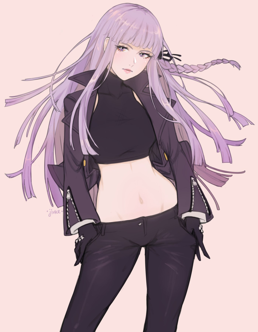 1girl alternate_costume bangs black_gloves black_jacket black_pants black_ribbon black_shirt blunt_bangs braid commentary dangan_ronpa dangan_ronpa_1 english_commentary eyelashes gloves hair_ribbon hands_in_pockets highres jacket jivke kirigiri_kyouko long_hair looking_at_viewer lowleg lowleg_pants navel pants pink_background purple_hair ribbon shirt side_braid sidelocks simple_background solo turtleneck violet_eyes