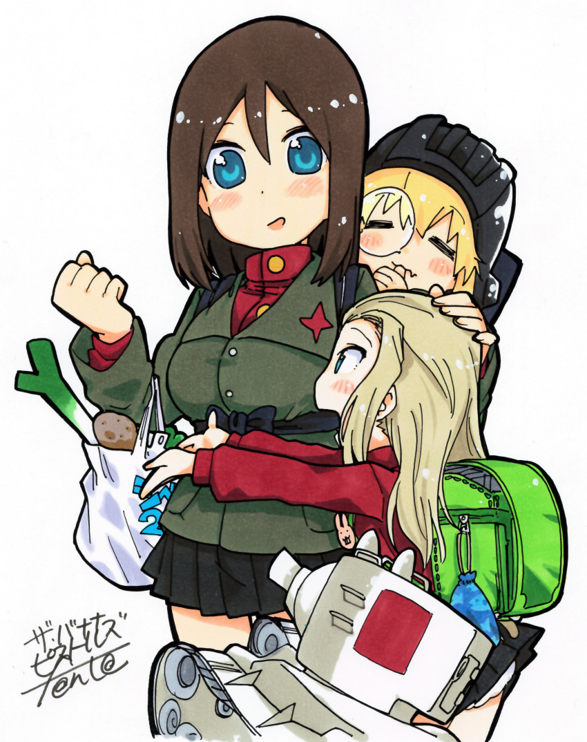 3girls absurdres animal_print artist_name baby backpack bag bangs black_hair black_hat black_skirt blonde_hair blue_eyes blush bunny_print carrying child chips clara_(girls_und_panzer) clenched_hand closed_eyes commentary_request emblem fanta_(the_banana_pistols) food girls_und_panzer green_jacket grocery_bag ground_vehicle hand_on_another's_head hat highres jacket katyusha kv-2 long_hair long_sleeves looking_at_another military military_vehicle miniskirt motor_vehicle multiple_girls no_jacket nonna nose_blush open_mouth outstretched_arms panties pantyshot pantyshot_(standing) pleated_skirt potato_chips pravda_school_uniform randoseru red_shirt saliva school_uniform shirt shopping_bag short_hair signature simple_background skirt sleeping smile spring_onion standing swept_bangs tank tank_helmet traditional_media turtleneck underwear white_background white_panties younger
