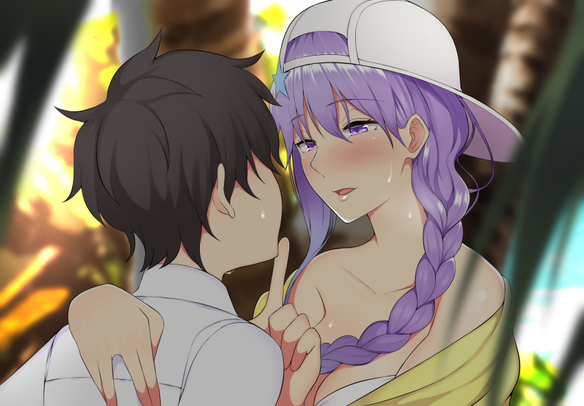 1boy 1girl :d backwards_hat bare_shoulders bb_(fate)_(all) bb_(swimsuit_mooncancer)_(fate) black_hair blush braid breasts cleavage collarbone fate/grand_order fate_(series) fujimaru_ritsuka_(male) hair_between_eyes hair_ornament hat highres index_finger_raised nori_gorou open_mouth purple_hair side_braid smile star star_hair_ornament sweat violet_eyes white_hat