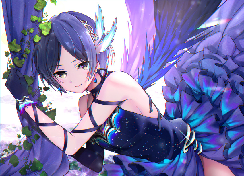 1girl blue_dress blue_gloves blue_hair blue_ribbon breasts choker commentary dress eyebrows_visible_through_hair feathers frilled_dress frills gloves hair_feathers hair_ornament hayami_kanade highres himawarino-tane idolmaster idolmaster_cinderella_girls idolmaster_cinderella_girls_starlight_stage looking_at_viewer medium_breasts plant ribbon ribbon_choker short_hair sideboob smile solo thighs vines wings yellow_eyes