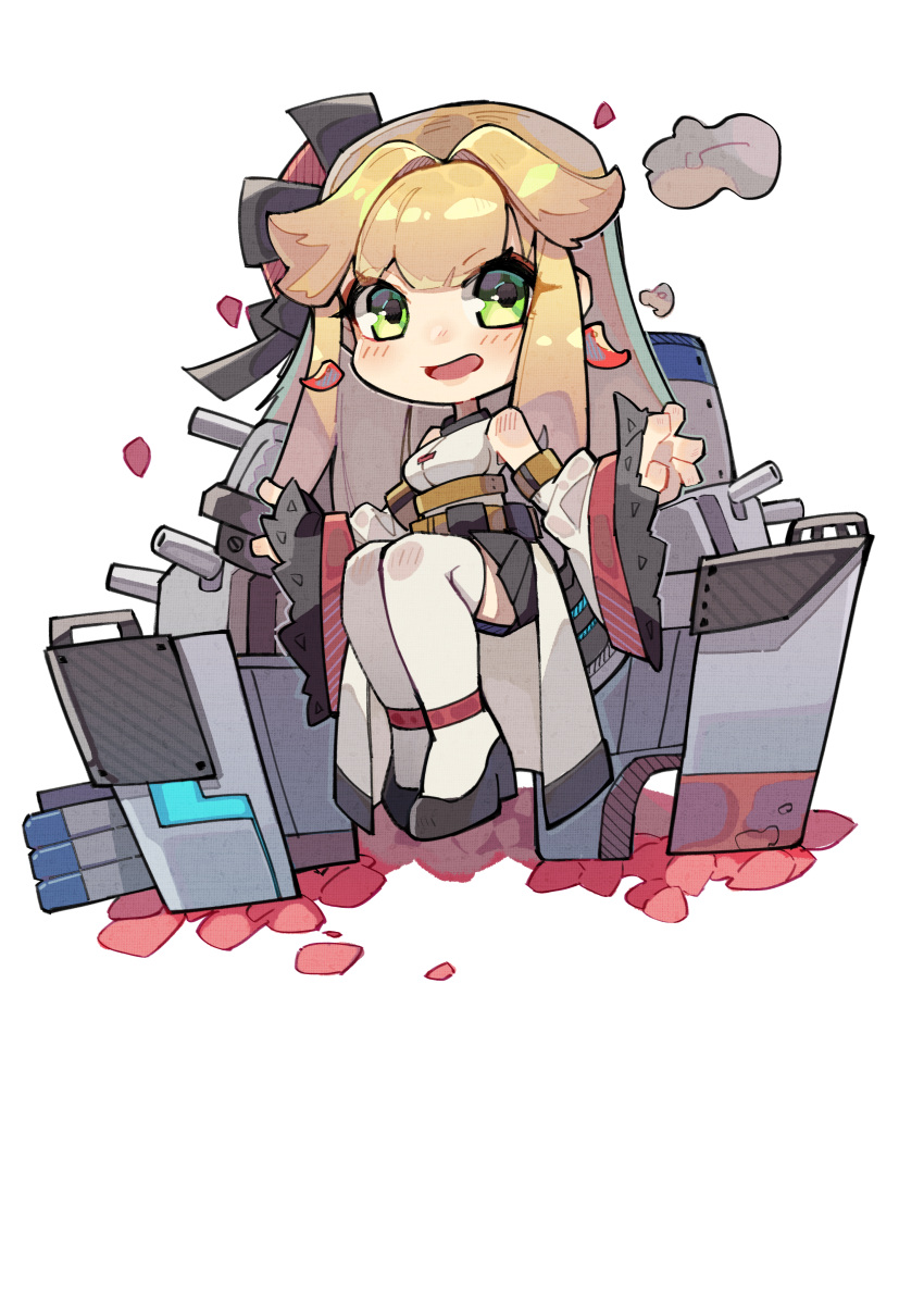 1girl :d absurdres aurora_(f10)_(azur_lane) azur_lane bare_shoulders black_bow black_footwear black_skirt blonde_hair blush bow breasts cannon chibi commentary_request detached_sleeves earrings green_eyes highres jewelry long_hair long_sleeves lyu magatama magatama_earrings medium_breasts open_mouth pleated_skirt shirt shoes sitting skirt sleeveless sleeveless_shirt sleeves_past_wrists smile solo thigh-highs turret very_long_hair white_background white_legwear white_shirt white_sleeves wide_sleeves