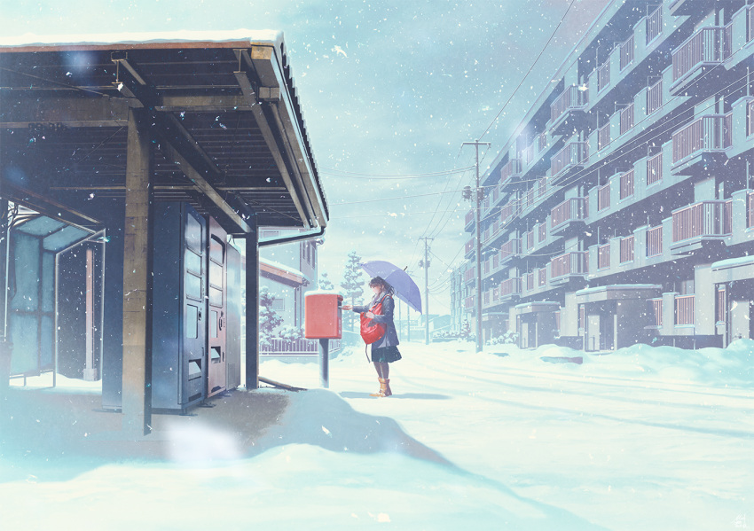 1girl apartment backpack bag blue_skirt blue_sky boots building coat commentary_request day from_side holding holding_bag holding_umbrella house long_hair mocha_(cotton) original outdoors ponytail postbox_(outgoing_mail) power_lines railing scenery shadow skirt sky snow snowing solo telephone_pole tree umbrella vending_machine wide_shot winter winter_clothes