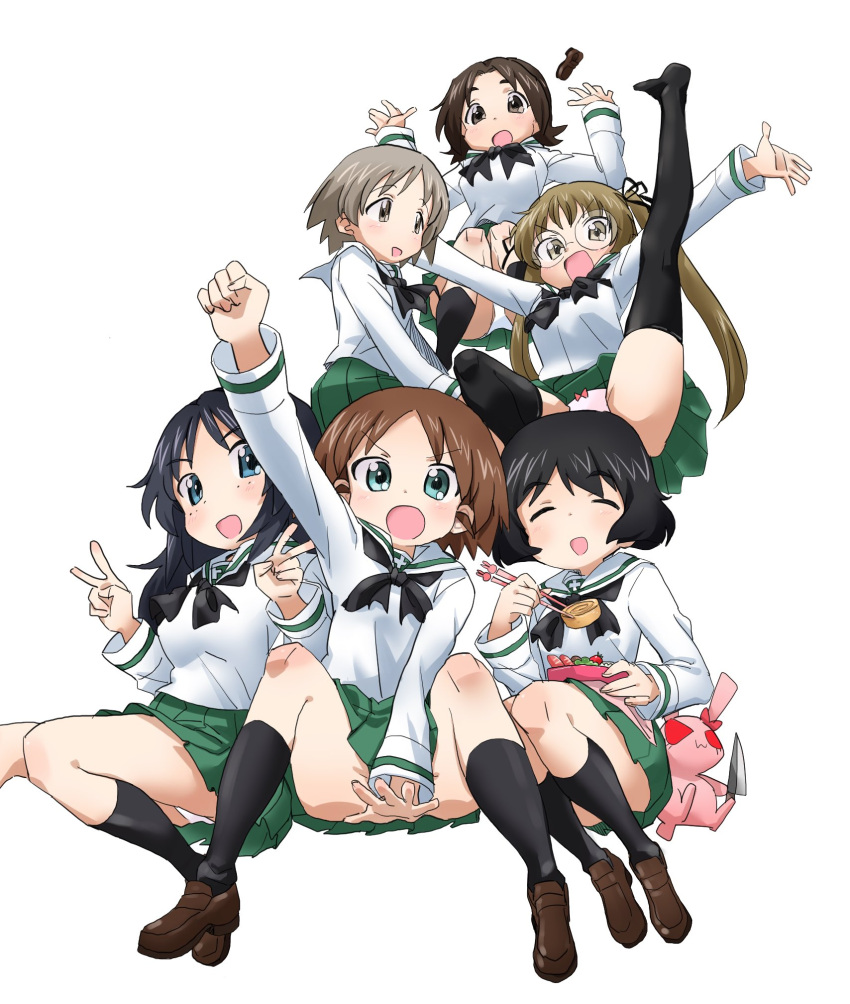 6+girls :d alternate_eye_color arms_up bangs black_hair black_legwear black_neckwear black_ribbon blouse blue_eyes blue_hair bow bow_panties brown_eyes brown_footwear brown_hair chopsticks closed_eyes convenient_censoring double_v eyebrows_visible_through_hair fanta_(the_banana_pistols) freckles girls_und_panzer glasses green_eyes green_skirt hair_ribbon highres holding holding_chopsticks invisible_chair knife leg_up legs loafers long_hair long_sleeves looking_at_viewer maruyama_saki miniskirt multiple_girls neckerchief obentou ooarai_school_uniform oono_aya open_mouth panties pantyshot pantyshot_(sitting) parted_bangs pink_panties pleated_skirt rabbit raised_fist ribbon round_eyewear sakaguchi_karina sawa_azusa school_uniform serafuku shoe_removed shoes short_hair simple_background sitting skirt smile socks thigh-highs twintails underwear upskirt utsugi_yuuki v v-shaped_eyebrows white_background white_blouse white_panties yamagou_ayumi