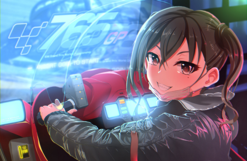 1girl arcade brown_eyes brown_hair commentary_request grin hair_between_eyes highres idolmaster idolmaster_cinderella_girls jacket kirewisha long_hair looking_at_viewer looking_back mask_pull mole mole_under_eye playing_games screen_light sharp_teeth smile solo sunazuka_akira surgical_mask teeth twintails video_game