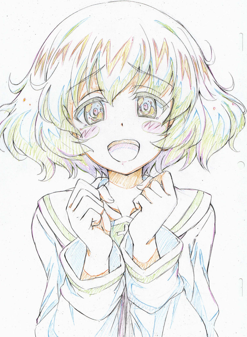 1girl :d absurdres akiyama_yukari bangs black_neckwear blouse blush_stickers brown_eyes brown_hair clenched_hands color_trace colored_pencil_(medium) commentary eyebrows_visible_through_hair girls_und_panzer highres kitazinger long_sleeves looking_at_viewer messy_hair neckerchief ooarai_school_uniform open_mouth school_uniform serafuku short_hair sketch smile solo traditional_media upper_body white_blouse