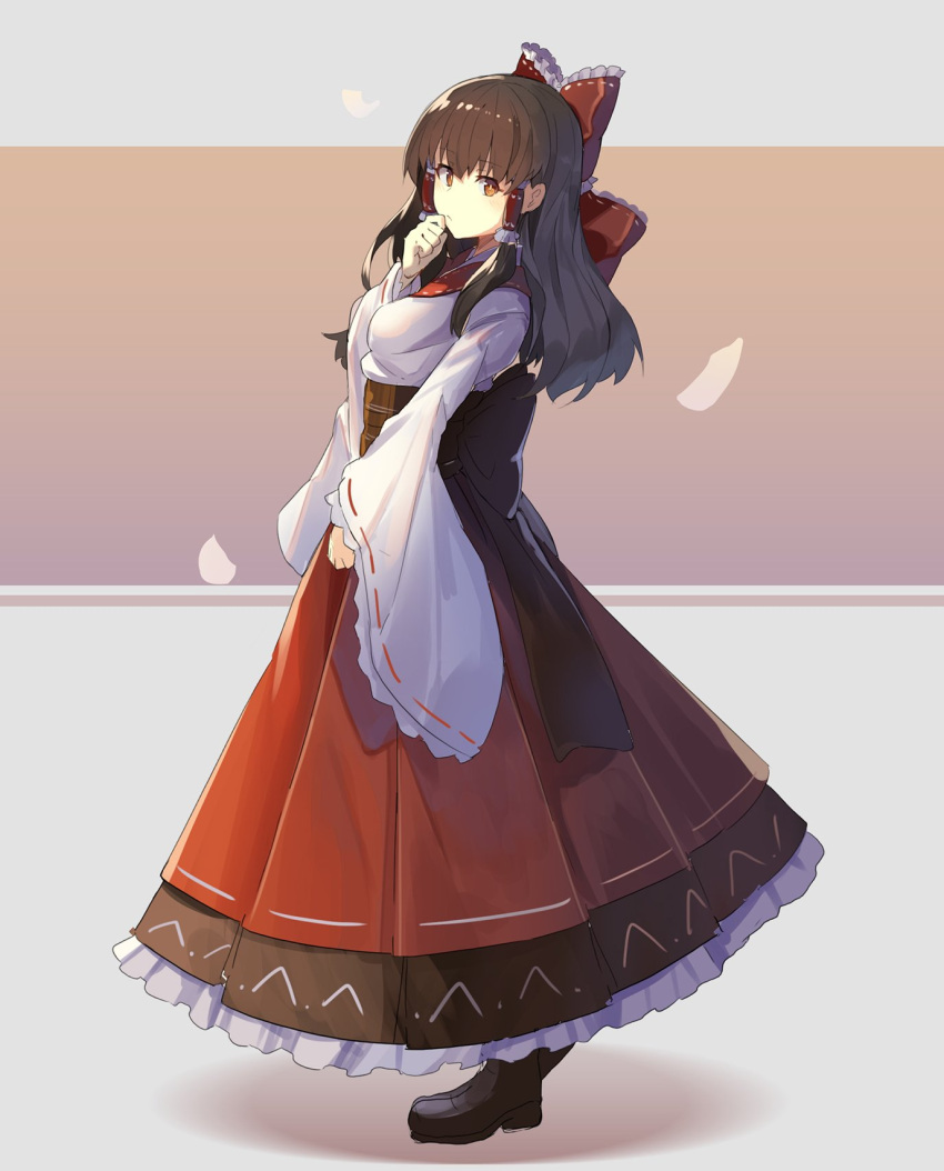 1girl alternate_costume bangs black_footwear boots bow breasts brown_background brown_eyes brown_hair brown_sash commentary_request eyebrows_visible_through_hair frilled_bow frills full_body grey_background hair_bow hair_tubes hakurei_reimu hand_on_own_chin hand_up highres long_hair long_sleeves looking_at_viewer medium_breasts obi petticoat red_bow red_skirt ribbon-trimmed_sleeves ribbon_trim rin_falcon sash shadow shirt sidelocks skirt solo standing touhou two-tone_background white_shirt wide_sleeves