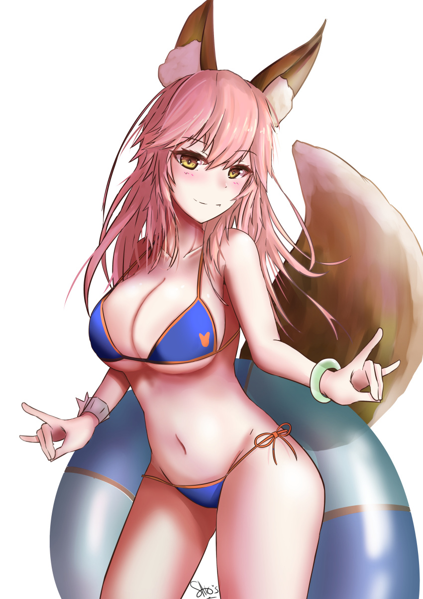 1girl absurdres animal_ears bikini breasts cleavage fate/extra fate/grand_order fate_(series) fox_ears fox_shadow_puppet fox_tail groin highres ichikawayan innertube large_breasts navel pink_hair side-tie_bikini smile solo swimsuit tail tamamo_(fate)_(all) tamamo_no_mae_(fate) tamamo_no_mae_(swimsuit_lancer)_(fate) white_background yellow_eyes