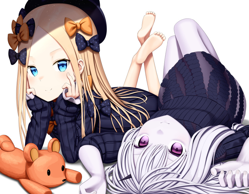 2girls abigail_williams_(fate/grand_order) absurdres arm_support arms_up bangs barefoot black_bow black_dress black_hat blonde_hair blue_eyes bow closed_mouth commentary_request dress eyebrows_visible_through_hair fate/grand_order fate_(series) fingernails forehead hair_between_eyes hair_bow hat highres horn knees_up lavinia_whateley_(fate/grand_order) legs_up long_hair long_sleeves lying multiple_girls on_back on_stomach orange_bow pale_skin parted_bangs polka_dot polka_dot_bow sanbe_futoshi shadow silver_hair sleeves_past_wrists smile soles stuffed_animal stuffed_toy teddy_bear very_long_hair violet_eyes white_background