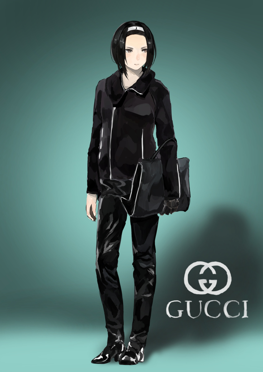 1girl absurdres biomega black_coat black_hair black_pants brown_eyes closed_mouth english_text fashion forehead full_body gucci highres looking_to_the_side nishu_mizunoe orihika pants shoes short_hair simple_background solo standing toha_heavy_industries