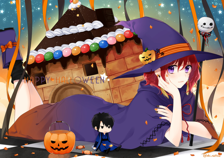 1girl akatsuki_no_yona aki_nattsu black_legwear black_nails boots cape checkered checkered_floor hair_between_eyes hak_(akatsuki_no_yona) happy_halloween hat highres looking_at_viewer lying multicolored multicolored_nails nail_polish neck_ribbon on_stomach orange_nails pumpkin_hat_ornament purple_cape purple_footwear purple_hat red_ribbon redhead ribbon short_hair solo the_pose violet_eyes witch_hat yona_(akatsuki_no_yona)