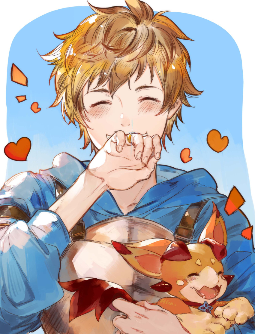2boys ^_^ absurdres blue_background breastplate breasts brown_hair closed_eyes closed_eyes dragon fighter_(granblue_fantasy) gran_(granblue_fantasy) granblue_fantasy heart highres jewelry laughing male_focus multiple_boys ring simple_background smile soysae upper_body vee_(granblue_fantasy) wedding_band