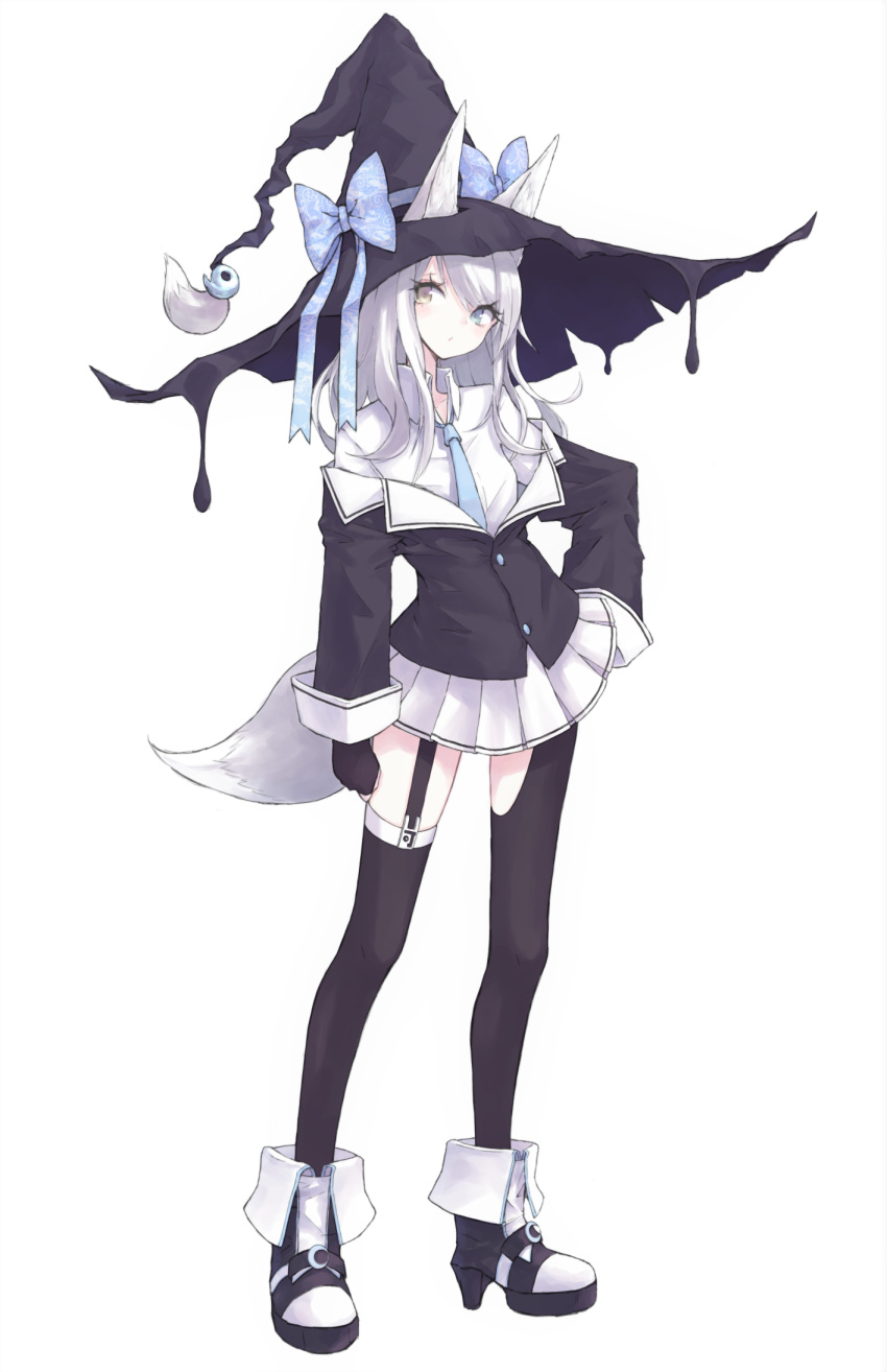 1girl animal_ear_fluff animal_ears asymmetrical_legwear bangs black_gloves black_legwear blue_eyes blue_neckwear boots bow buran_(kure) collared_shirt commentary_request contrapposto ears_through_headwear fingerless_gloves fox_ears fox_girl fox_tail full_body garter_straps gloves grey_hair hand_on_hip hat hat_bow hat_ribbon head_tilt heterochromia highres jacket long_hair long_sleeves looking_at_viewer necktie off_shoulder original pleated_skirt ribbon school_uniform shirt simple_background skirt solo standing tail thigh-highs white_background white_shirt white_skirt wing_collar witch_hat yellow_eyes