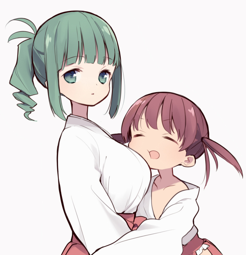 2girls :o bangs breasts brown_hair collarbone eyebrows_visible_through_hair green_eyes green_hair grey_background hakama highres itsumi_(itumiyuo) japanese_clothes kimono medium_breasts miko multiple_girls open_mouth parted_lips ponytail red_hakama saki short_kimono sidelocks simple_background takimi_haru twintails upper_body usuzumi_hatsumi white_kimono