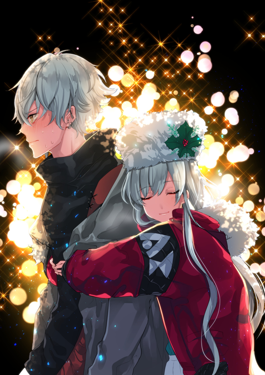 1boy 1girl anastasia_(fate/grand_order) black_background black_sweater blush closed_eyes coat couple embarrassed fate/grand_order fate_(series) from_side hat highres hug hug_from_behind kadoc_zemlupus long_hair open_clothes open_coat red_coat shika_(isk_mjkss) silver_hair smile sweater turtleneck turtleneck_sweater upper_body white_hat winter_clothes winter_coat yellow_eyes