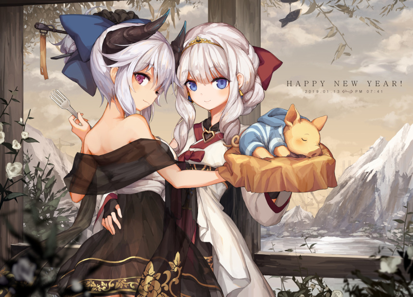 2girls animal bare_shoulders black_dress black_gloves blue_bow blue_eyes blush bow chinese_zodiac closed_eyes closed_mouth clouds cloudy_sky commentary curled_horns dated demon_horns dress english_commentary fingerless_gloves flower fork gloves hair_bow hanbok hand_on_another's_waist happy_new_year head_tilt holding holding_fork horns jakoujika korean_clothes long_hair long_sleeves looking_at_viewer looking_back mountain multiple_girls new_year original pig red_bow red_eyes ringlets see-through silver_hair sky smile tiara white_dress white_flower year_of_the_pig