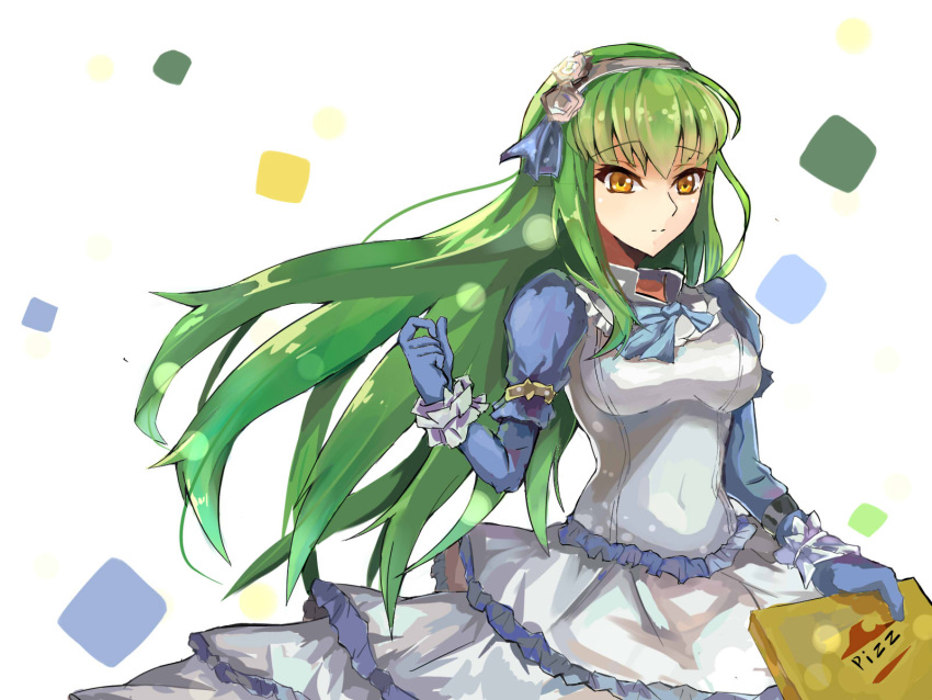 1girl bangs blue_gloves blue_ribbon c.c. code_geass dress eyebrows_visible_through_hair floating_hair flower frilled_dress frills gloves green_hair grey_hairband grey_rose hair_flower hair_ornament hair_ribbon hairband highres holding layered_dress lens_flare lingyan_heiye long_hair long_sleeves pizza_box ribbon simple_background sketch solo standing very_long_hair white_background white_dress yellow_eyes