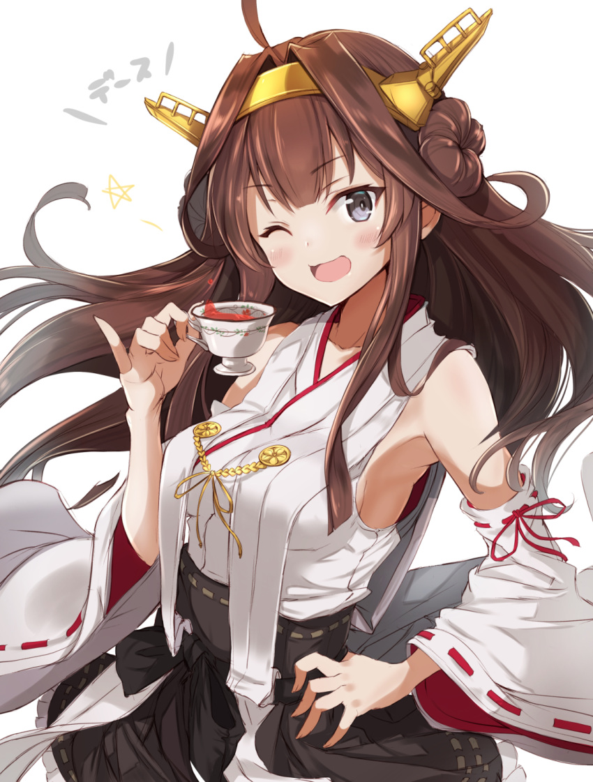 1girl ahoge blush breasts brown_hair cup detached_sleeves double_bun eyebrows_visible_through_hair fuku_kitsune_(fuku_fox) hairband headgear highres japanese_clothes kantai_collection kongou_(kantai_collection) long_hair looking_at_viewer medium_breasts nontraditional_miko one_eye_closed remodel_(kantai_collection) ribbon-trimmed_sleeves ribbon_trim simple_background skirt solo teacup white_background