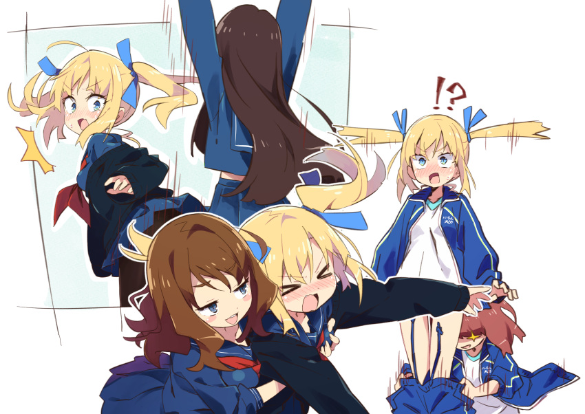 !? &gt;_&lt; +_+ /\/\/\ 2girls :d absurdres amaryllis_class arms_up assisted_exposure black_cardigan blonde_hair blue_eyes blue_jacket blue_pants blue_ribbon blue_sailor_collar blue_serafuku blue_shirt blue_skirt blush breast_grab breasts brown_hair brown_legwear cardigan character_request closed_eyes fang female_pervert grabbing grabbing_from_behind groping hair_ribbon highres jacket kotohara_hinari long_hair long_sleeves multiple_girls nose_blush off_shoulder open_cardigan open_clothes open_jacket open_mouth pants pants_pull pantyhose pervert pleated_skirt pulled_by_another red_neckwear ribbon sailor_collar shirt skirt skirt_flip sleeves_past_wrists small_breasts smile surprised sweat tama_(tama-s) track_jacket track_pants track_suit twintails very_long_hair virtual_youtuber white_shirt