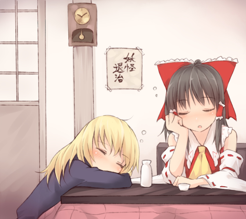 2girls :o ascot bangs bare_shoulders black_hair blonde_hair blush bow chin_rest clock closed_eyes commentary_request detached_sleeves eyebrows_visible_through_hair frilled_bow frills hair_tubes hakurei_reimu hand_up indoors kirisame_marisa long_hair long_sleeves miyo_(ranthath) multiple_girls no_hat no_headwear parted_lips red_bow ribbon-trimmed_sleeves ribbon_trim sidelocks sleeping table tokkuri touhou translation_request upper_body wide_sleeves yellow_neckwear