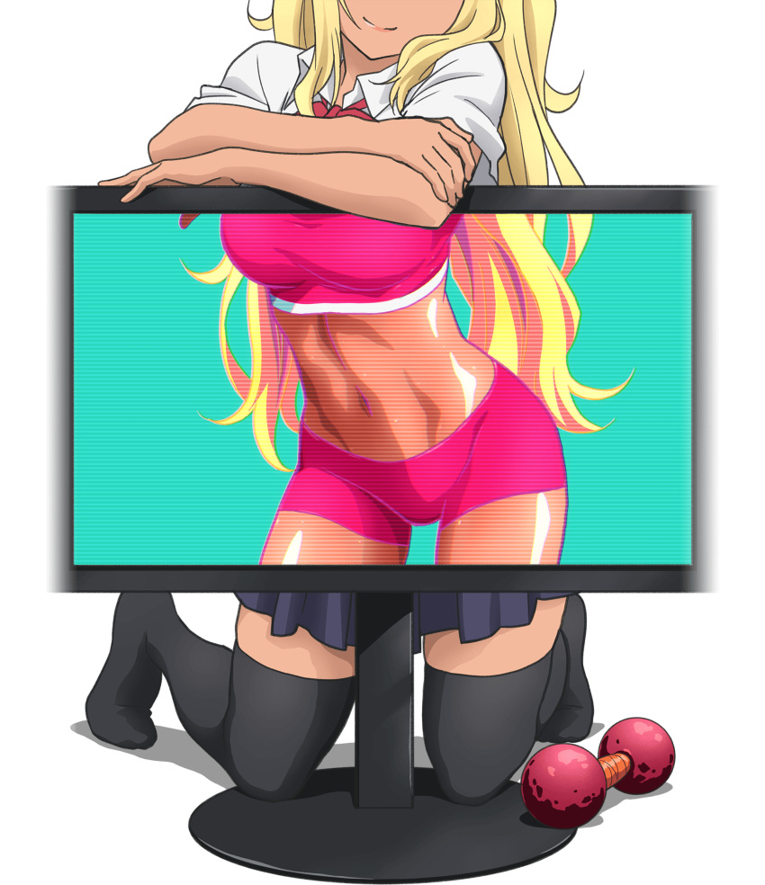 1girl absurdres black_legwear blonde_hair danberu_nan_kiro_moteru? dark_skin dumbbell gym_shorts highres key_visual lips long_hair midriff miniskirt monitor navel official_art pleated_skirt red_neckwear sakura_hibiki_(danberu_nan_kiro_moteru?) school_uniform shirt short_sleeves shorts skindentation skirt smile solo sports_bra sportswear sweat television thigh-highs twintails white_background white_shirt zettai_ryouiki