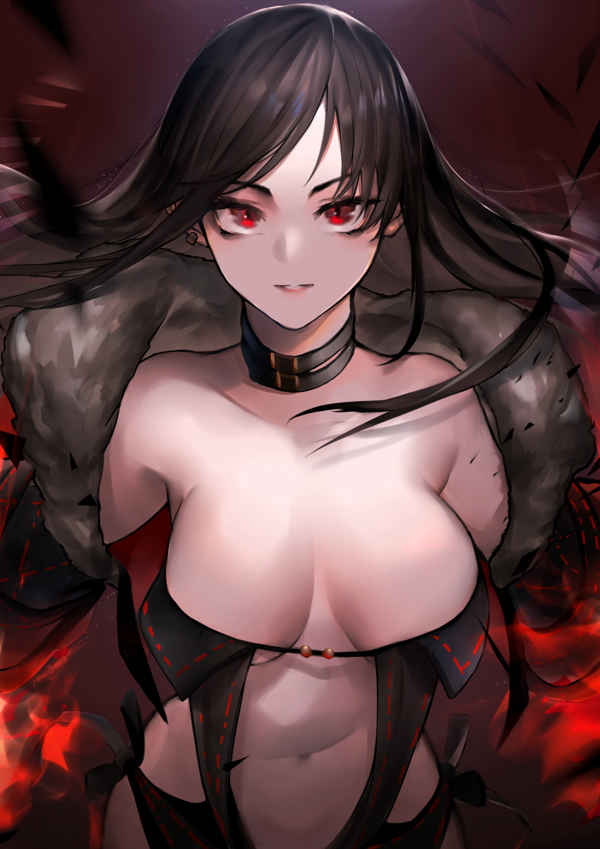 1girl absurdres bangs bare_shoulders black_dress breasts brown_hair center_opening choker cleavage collarbone commentary_request consort_yu_(fate) dress fate/grand_order fate_(series) fur_trim highres jewelry large_breasts long_hair looking_at_viewer navel neonbeat parted_lips red_eyes solo stomach strapless strapless_dress