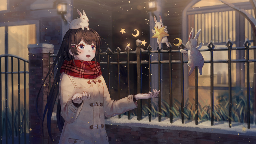 1girl :d animal animal_on_head bangs bare_tree black_hair blue_eyes blurry blurry_background blush brick_wall brown_coat building coat commentary_request crescent depth_of_field duffel_coat enpera eyebrows_visible_through_hair fence gate grass hair_ornament hairclip hands_up highres ji_dao_ji long_hair long_sleeves night nijisanji on_head open_mouth outdoors plaid plaid_scarf rabbit railing red_scarf scarf sidelocks smile snowing solo standing star tree tsukino_mito upper_teeth very_long_hair virtual_youtuber white_coat white_wings winged_animal wings winter winter_clothes