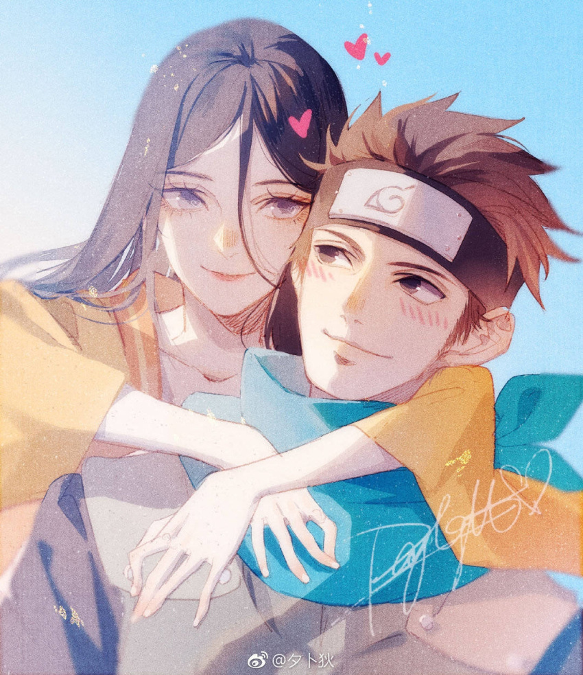 1boy 1girl blue_background blue_scarf blush boruto:_naruto_next_generations brown_hair brown_kimono collarbone commentary_request couple daylight919 forehead_protector headband heart hetero highres hug hug_from_behind hyuuga_hanabi japanese_clothes kimono konohagakure_symbol lavender_eyes long_hair looking_at_another looking_at_viewer looking_back naruto naruto_(series) no_pupils sarutobi_konohamaru scarf signature smile