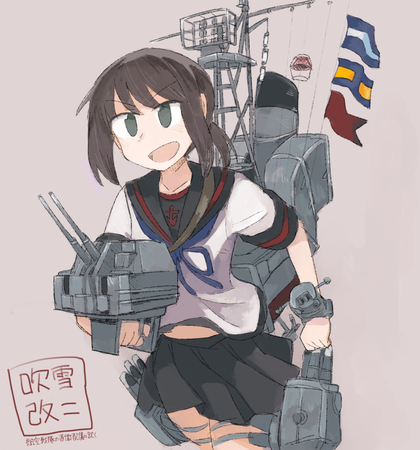 1girl adapted_turret black_eyes black_hair black_sailor_collar black_skirt cannon character_name cowboy_shot flag fubuki_(kantai_collection) grey_background highres juraki_hakuaki kantai_collection low_ponytail machinery naval_flag pleated_skirt ponytail remodel_(kantai_collection) sailor_collar school_uniform serafuku short_ponytail sidelocks simple_background skirt solo translation_request turret