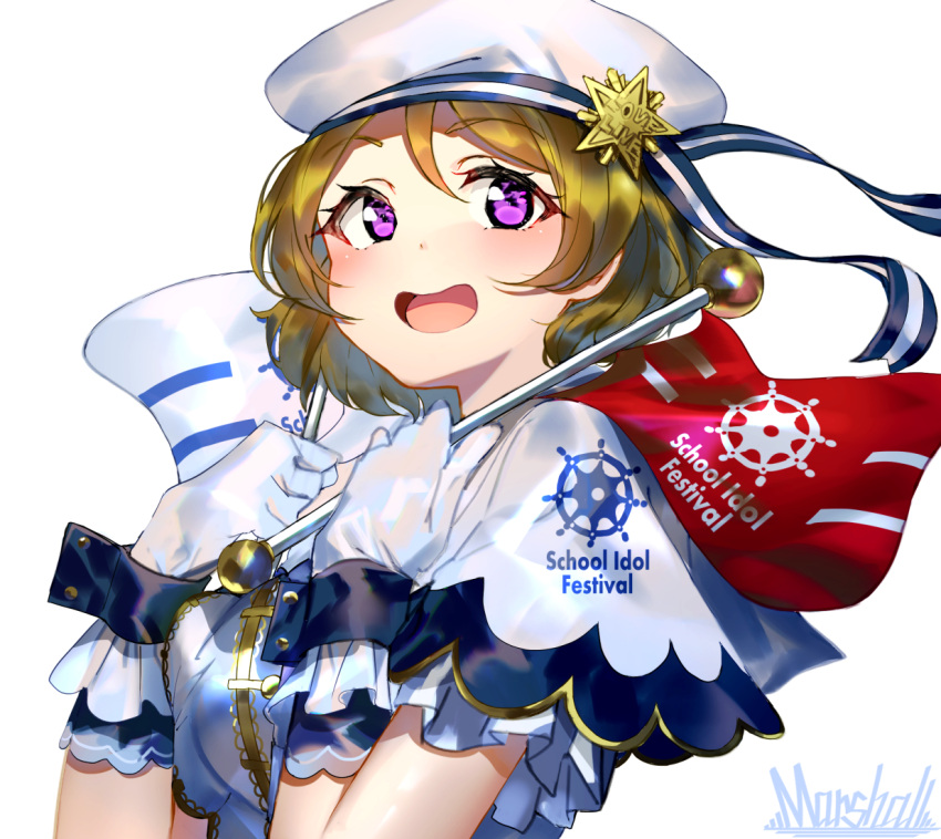 1girl :d artist_name bangs blonde_hair blush capelet commentary_request eyebrows_visible_through_hair flag frilled_gloves frills gloves hands_up hat holding holding_flag koizumi_hanayo looking_at_viewer love_live! love_live!_school_idol_project marshall_(wahooo) open_mouth shirt sidelocks simple_background smile solo star upper_body violet_eyes white_background white_capelet white_gloves white_hat white_shirt wrist_cuffs