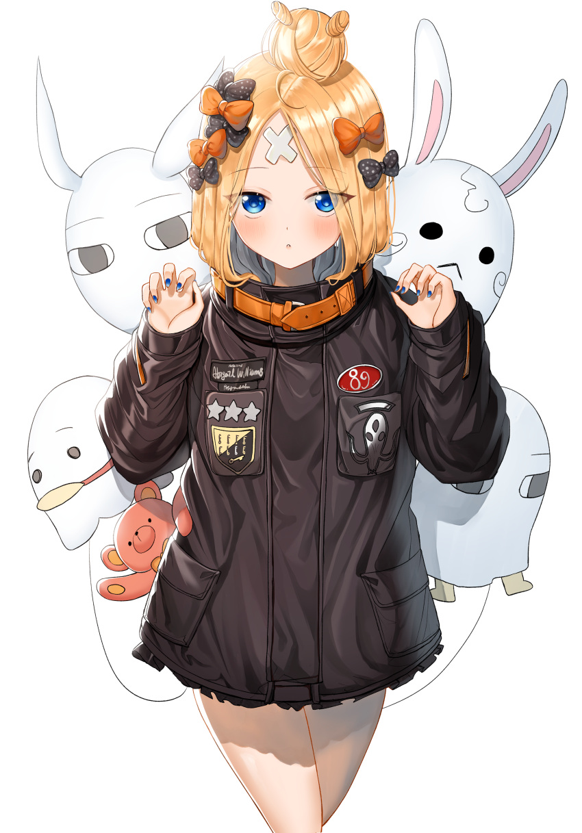 1girl abigail_williams_(fate/grand_order) absurdres alternate_hairstyle artist_request balloon bandaid_on_forehead bangs belt black_bow black_jacket blonde_hair blue_eyes blue_nails blush bow crossed_bandaids fate/grand_order fate_(series) forehead fou_(fate/grand_order) hair_bow hair_bun heroic_spirit_traveling_outfit high_collar highres jacket long_hair long_sleeves looking_at_viewer medjed nail_polish open_mouth orange_bow parted_bangs polka_dot polka_dot_bow simple_background solo stuffed_animal stuffed_toy teddy_bear thighs white_background