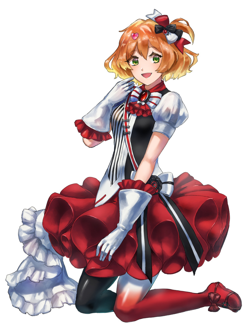 1girl :d ascot black_bow black_footwear blonde_hair boots bow brown_hair bubble_skirt elbow_gloves freyja_wion frilled_gloves frills full_body gloves gradient_footwear green_eyes hair_between_eyes hair_bow hair_ornament heart heart_hair_ornament highres kneeling looking_at_viewer macross macross_delta multicolored_hair one_side_up open_mouth red_bow red_footwear red_skirt shimatani_azu shiny_footwear short_sleeves simple_background skirt smile solo striped striped_neckwear two-tone_hair white_background white_bow white_gloves white_neckwear