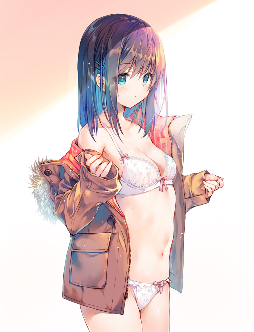 1girl bangs bare_shoulders blue_eyes blue_hair blush bra breasts brown_coat buttons cleavage closed_mouth coat collarbone cowboy_shot duffel_coat eyebrows_visible_through_hair fur-trimmed_coat fur_trim groin hair_ornament hairclip highres long_hair long_sleeves looking_at_viewer miwabe_sakura navel off_shoulder open_clothes open_coat original panties sidelocks sleeves_past_wrists small_breasts solo standing stomach underwear white_background white_bra white_panties zipper