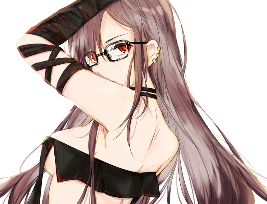 1girl arm_up armpits back bangs bare_shoulders black-framed_eyewear black_gloves breasts brown_hair commentary_request consort_yu_(fate) ear_piercing elbow_gloves fate/grand_order fate_(series) from_side glasses gloves long_hair looking_at_viewer looking_to_the_side medium_breasts nono_(011299) parted_lips piercing redhead revealing_clothes sideboob simple_background solo upper_body white_background