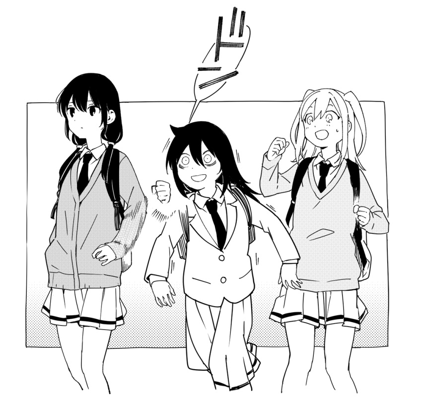 black_hair blazer cardigan hood hoodie jacket kuroki_tomoko long_hair low_twintails monochrome multiple_girls necktie nemoto_hina tamura_yuri twintails urayamashiro_(artist) watashi_ga_motenai_no_wa_dou_kangaetemo_omaera_ga_warui!