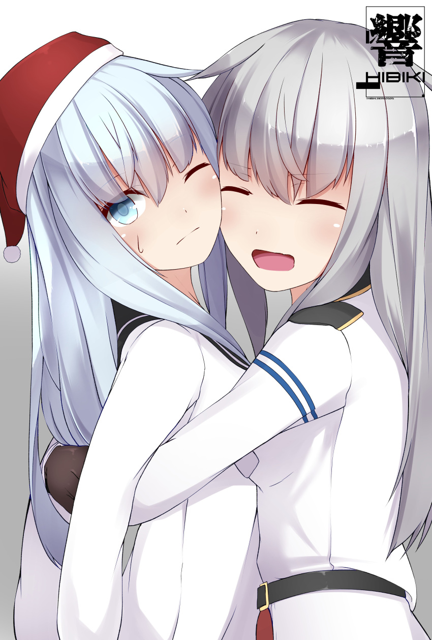 2girls :d absurdres belt black_sailor_collar blue_eyes character_name closed_eyes from_side fur-trimmed_hat gangut_(kantai_collection) hat hibiki_(kantai_collection) hibiki_zerocodo highres hug kantai_collection long_hair long_sleeves multiple_girls one_eye_closed open_mouth red_hat sailor_collar santa_hat shirt silver_hair smile standing sweatdrop upper_body white_shirt