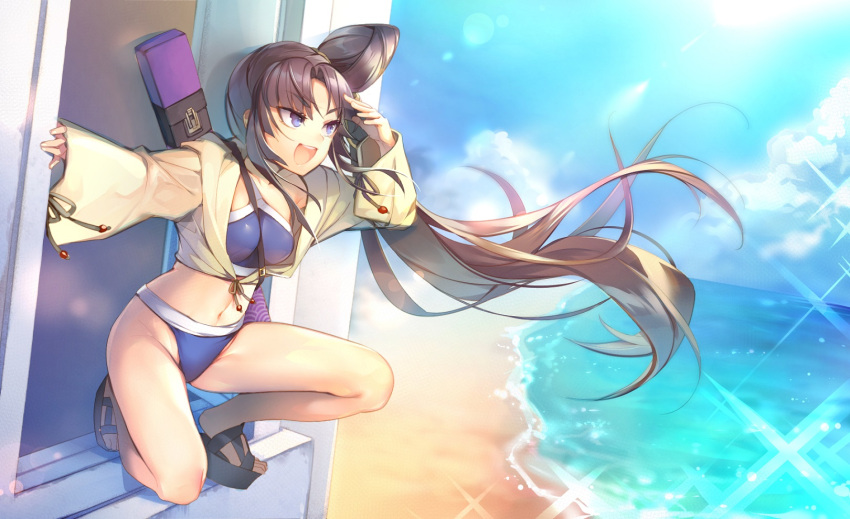 1girl beach between_breasts bikini black_hair blue_bikini blue_eyes blue_sky breasts case clouds day fate/grand_order fate_(series) hair_bun highres lens_flare long_hair medium_breasts mg_kurino navel open_mouth sandals shirt side_ponytail sky solo squatting strap_cleavage swimsuit ushiwakamaru_(fate/grand_order) ushiwakamaru_(swimsuit_assassin)_(fate) very_long_hair wind window yellow_shirt