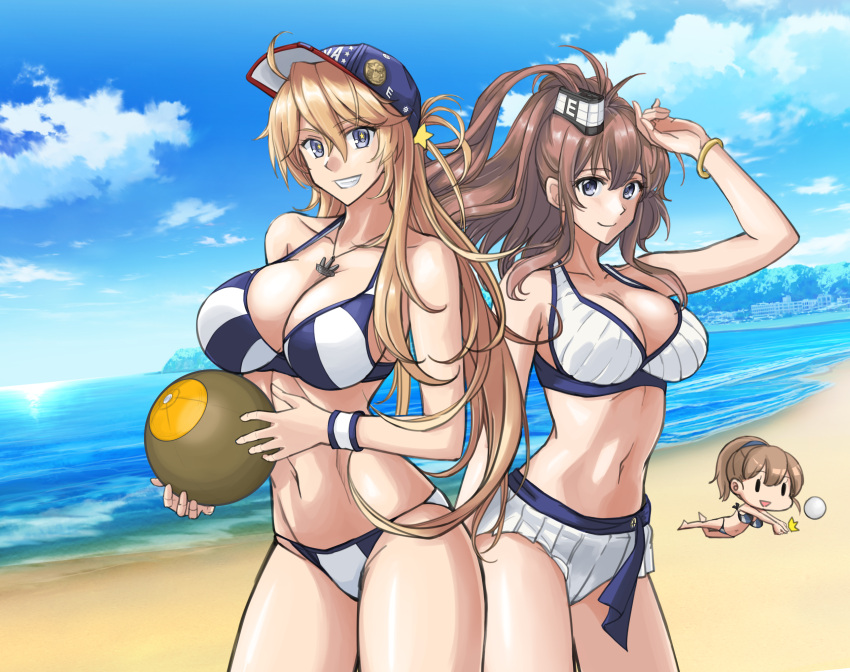 3girls absurdres alternate_costume anchor ball beach bikini blonde_hair blue_eyes blue_sky blush breasts brown_hair closed_mouth clouds eyebrows_visible_through_hair hair_between_eyes hair_ornament highres intrepid_(kantai_collection) iowa_(kantai_collection) kantai_collection large_breasts long_hair looking_at_viewer multiple_girls ocean ponytail saratoga_(kantai_collection) short_hair side_ponytail sky smile sozan star swimsuit volleyball
