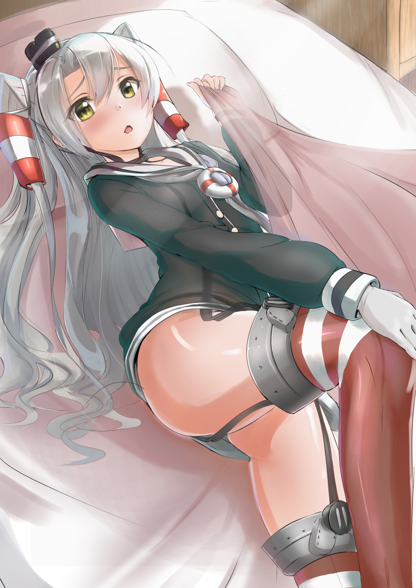 1girl absurdres amatsukaze_(kantai_collection) bangs bed bed_sheet blanket blush dress garter_straps gloves hair_ornament hair_tubes hand_on_own_knee hat highres holding holding_blanket indoors kantai_collection kotoba_suzu lifebuoy long_hair long_sleeves looking_at_viewer lying mini_hat open_mouth pillow red_legwear sailor_dress see-through short_dress silver_hair single_glove smokestack solo striped striped_legwear thigh-highs thighs two_side_up white_gloves windsock