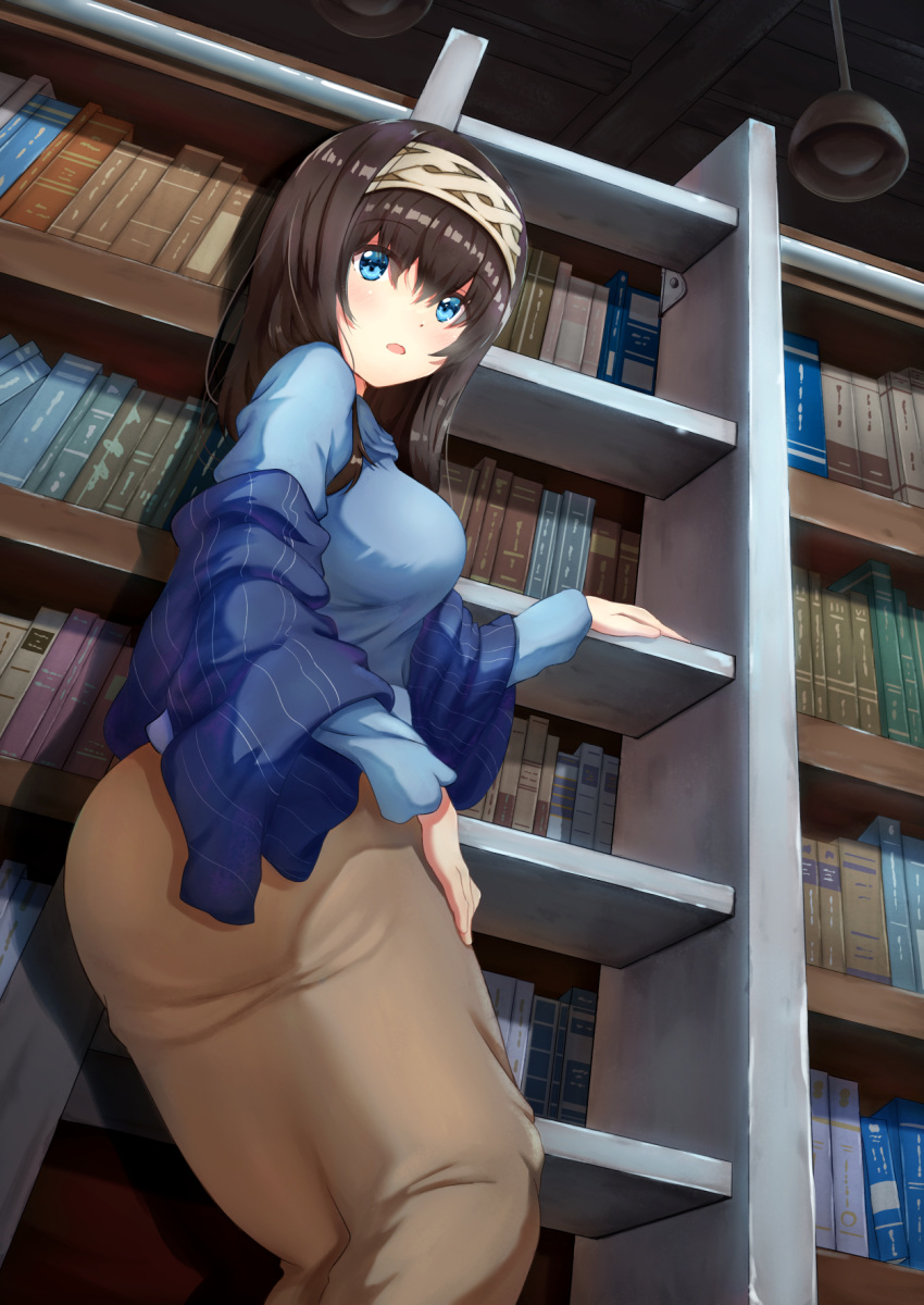 1girl aiban blue_eyes blue_shawl blue_shirt book bookshelf brown_hair brown_skirt ceiling ceiling_light commentary_request hairband highres idolmaster idolmaster_cinderella_girls ladder light_blush long_skirt looking_at_viewer looking_down medium_hair open_mouth sagisawa_fumika shirt skirt solo