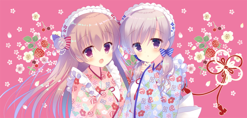 2girls :d :o apron bangs blue_bow blue_kimono blush bow brown_hair commentary_request diagonal_stripes double_bun eyebrows_visible_through_hair fang floral_print flower food fruit hair_between_eyes hair_bow japanese_clothes kimono long_hair long_sleeves multiple_girls open_mouth original pink_background pink_kimono print_kimono red_bow red_eyes side_bun sleeves_past_fingers sleeves_past_wrists smile strawberry strawberry_blossoms striped striped_bow sumii upper_body very_long_hair violet_eyes white_apron white_flower wide_sleeves