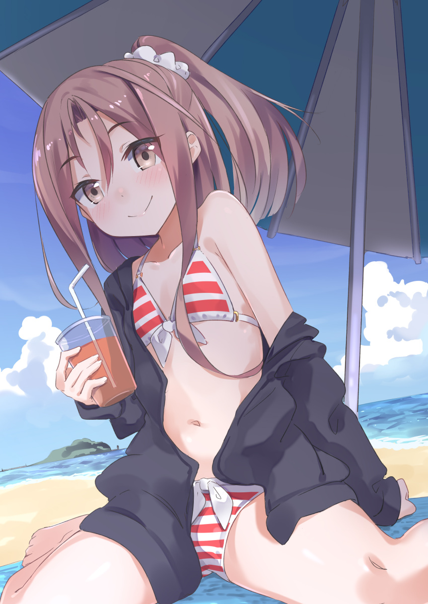 1girl absurdres beach bikini black_jacket blue_sky bow brown_eyes brown_hair clouds day drinking_straw eyebrows_visible_through_hair flat_chest front-tie_bikini front-tie_top gedoo_(gedo) hair_between_eyes high_ponytail highres holding jacket kantai_collection long_hair looking_at_viewer ocean off_shoulder open_clothes open_jacket outdoors red_bikini sitting sky smile solo striped striped_bikini swimsuit wariza white_bow zuihou_(kantai_collection)